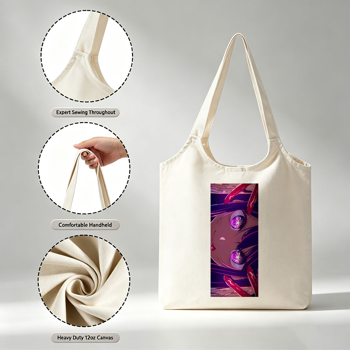Anime Character with Glowing Purple Eyes and Dramatic Expression in a Cosmic Background - Canvas shoulder bags/