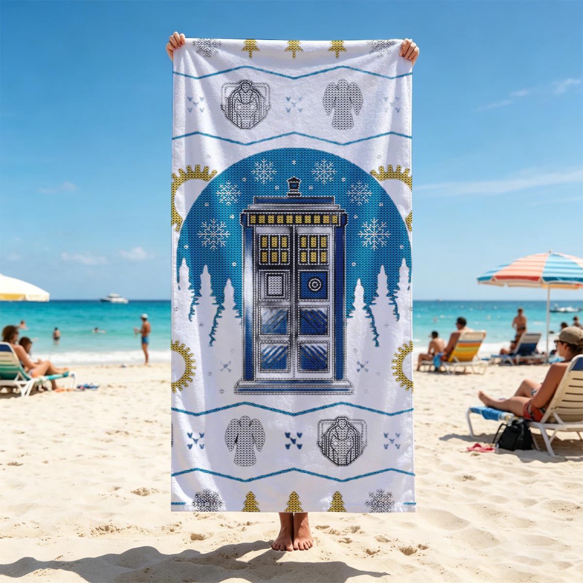 Doctor Who Christmas Sweater: TARDIS, Cybermen, Weeping Angels, and Snowflakes - Beach towels