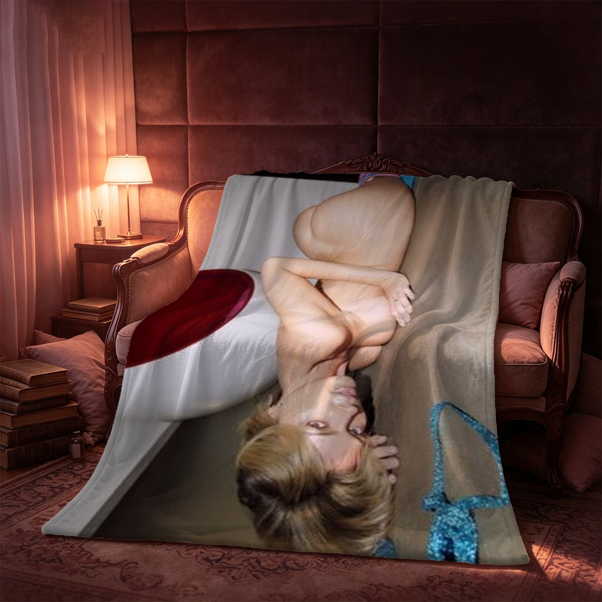 Nude Asian beauty with long black hair lying on hotel bed holding blue lingerie. - Blanket