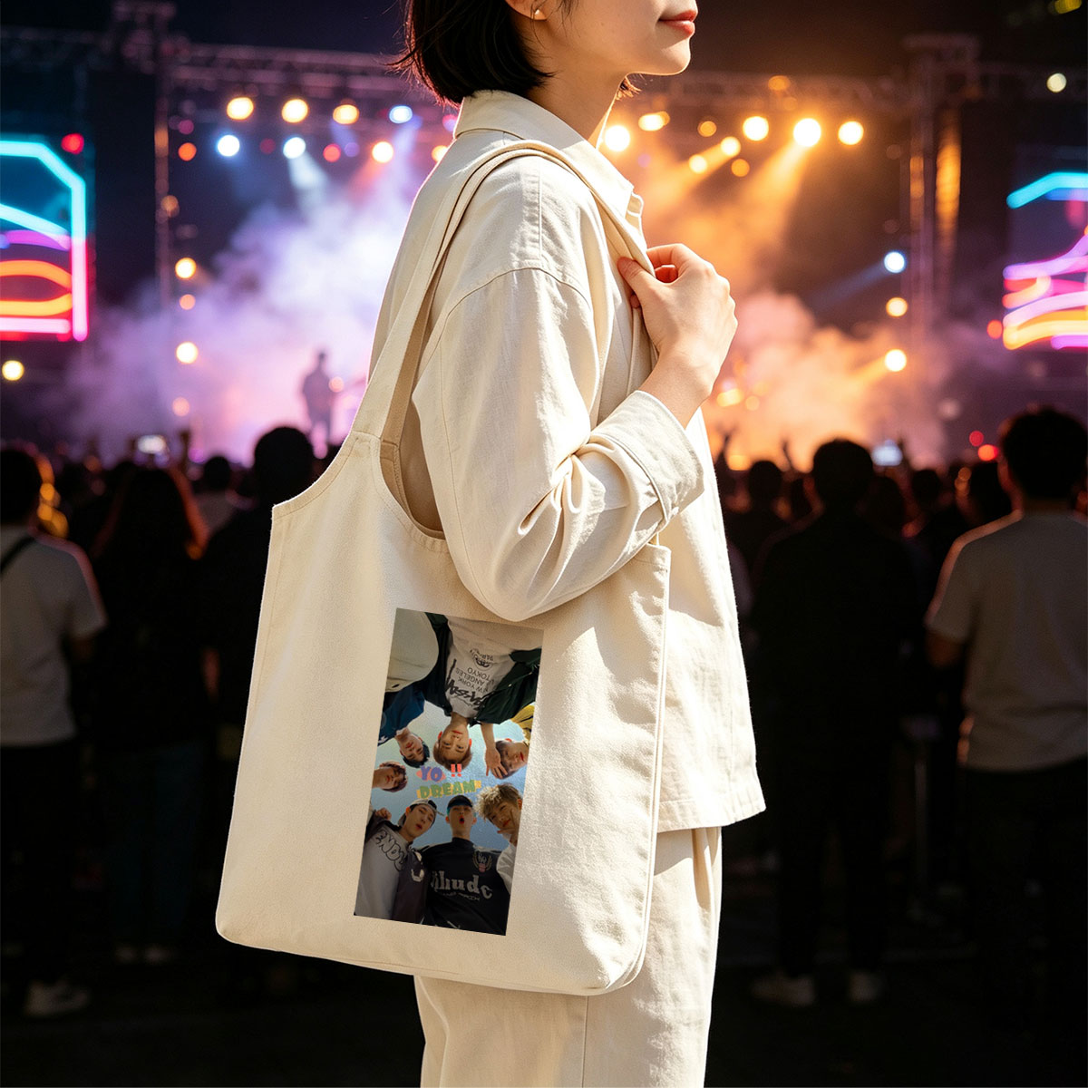 YOASOBI Dream Team Members in a Circular Pose Under Blue Sky - Canvas shoulder bags/