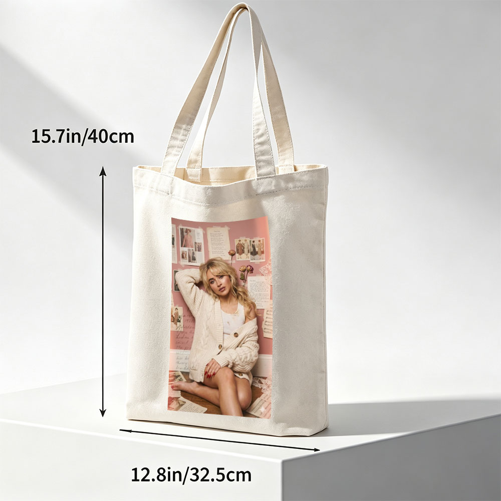 Sabrina Carpenter Sitting on Floor in Cozy Knit Cardigan Against Pink Wall with Vintage Photos and Letters - Canvas tote bags