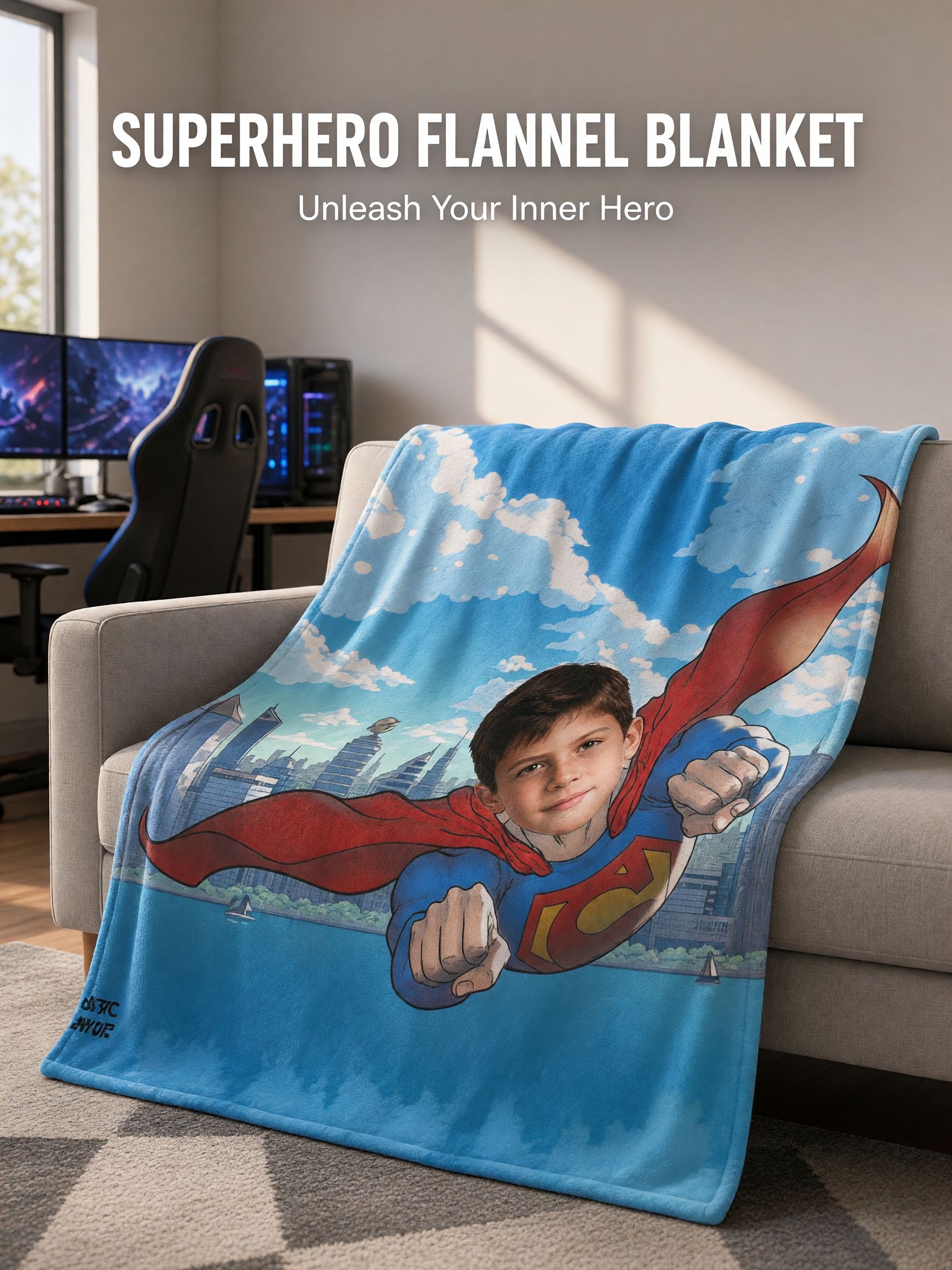 Custom Photo Superhero Flannel Fleece Throw Blanket Personalized Face Portrait Bed Couch Wrap Cozy Gift