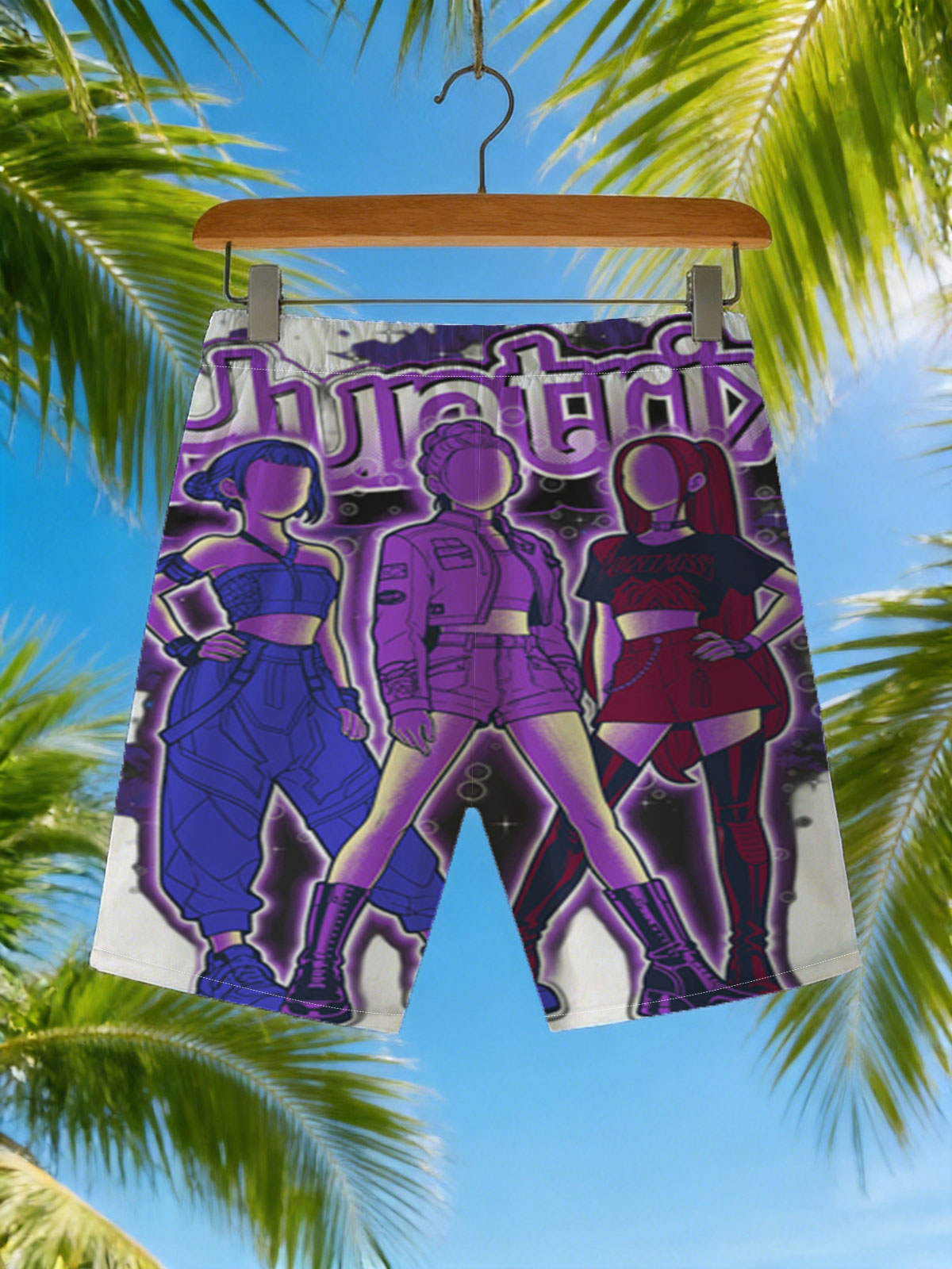 Huntrix: Three Stylish Characters in Vibrant Outfits with Futuristic Aesthetic -  Beach shorts