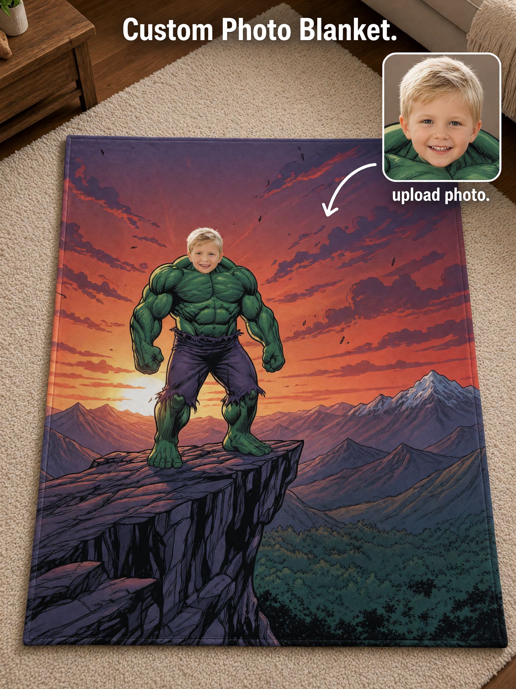 Custom Photo Superhero Flannel Throw Blanket Personalized Face Portrait Bed Couch Cozy Gift