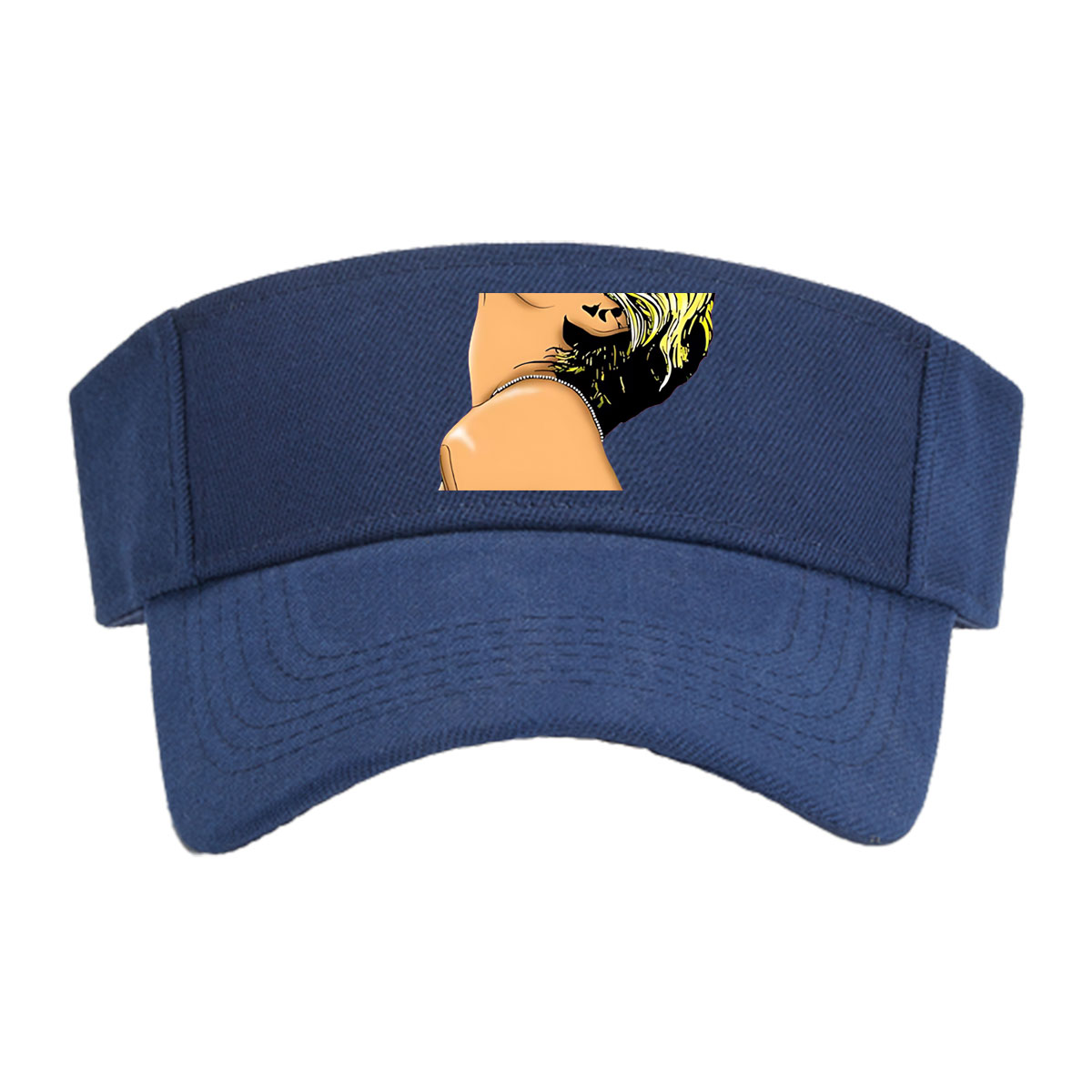 Miley Cyrus in a stylized portrait with bold yellow hair and a black top, artwork by Nerd Jersey Arts. -  Visor cap