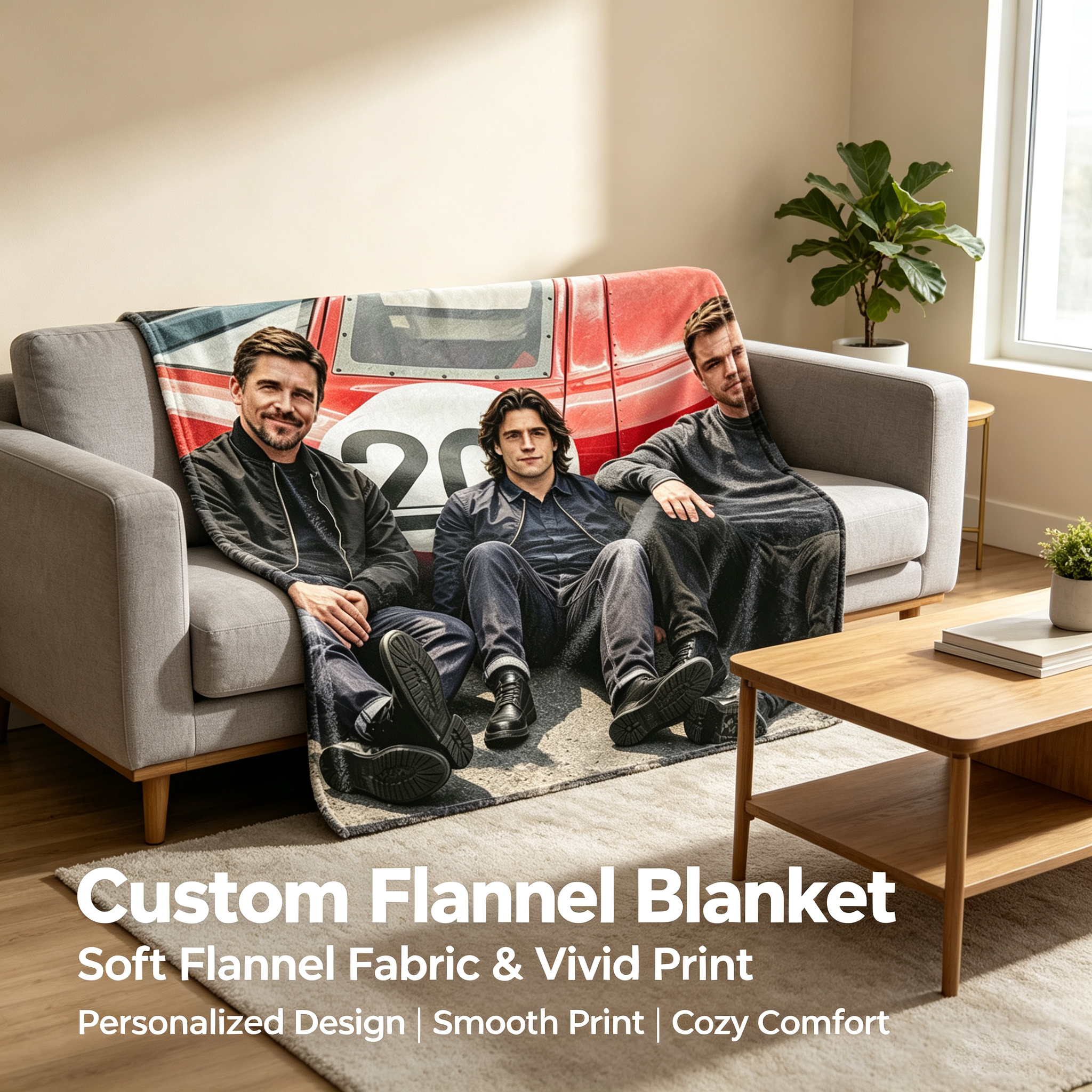 Custom Face Blanket Featuring Three Men in Front of Red Race Car Flannel Blanket Perfect for Home Decor or Cozy Nights Ideal Gift for Car Enthusiasts or Friends