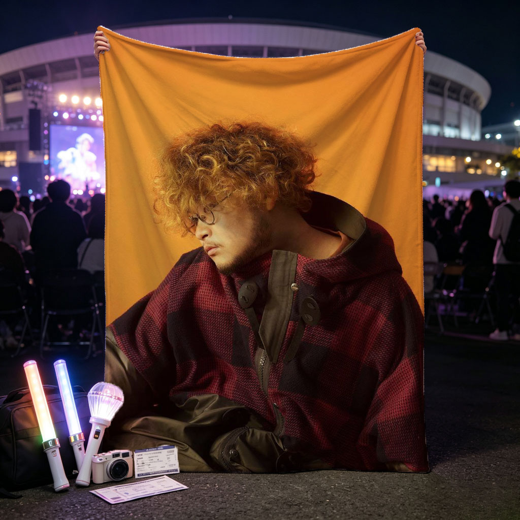 Takashi Miyagawa in a Moody Portrait Wearing a Plaid Hoodie Against an Orange Background - Blankets