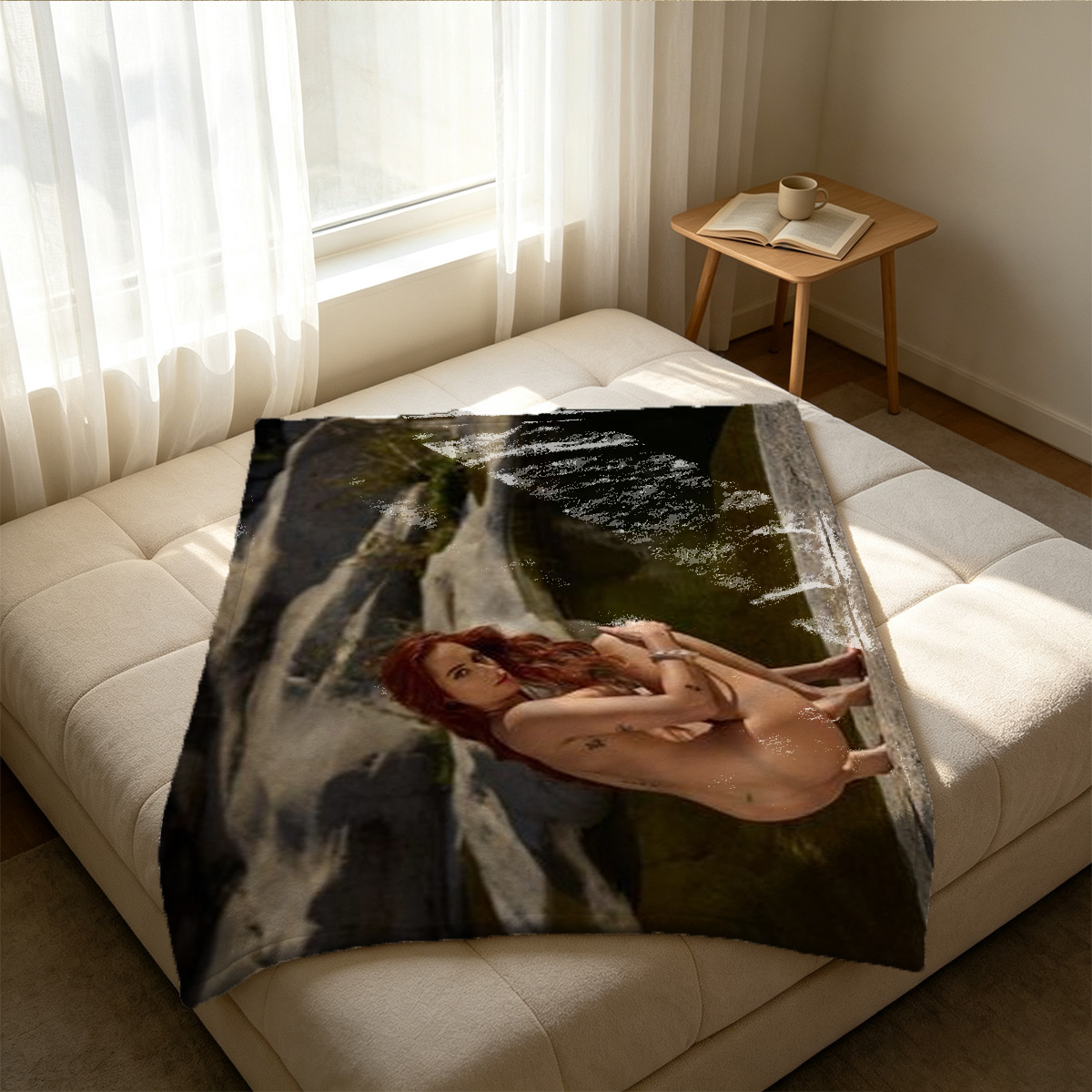 Woman Behind Sheer White Curtains - Blanket
