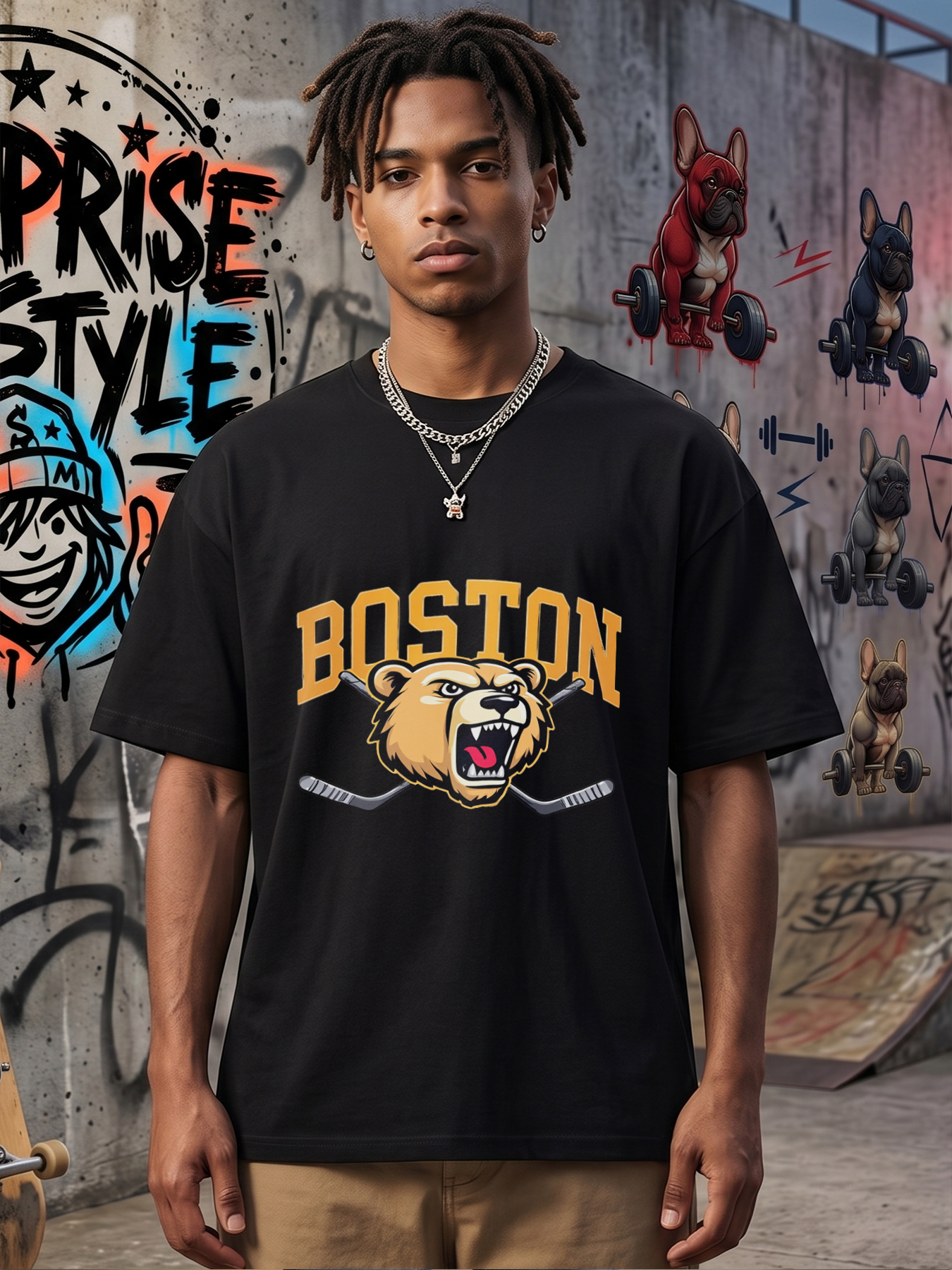 Men's Boston Bear Head Hockey Stick Print T-Shirt Casual Round Neck Summer Lightweight Breathable Short Sleeve Tee for Sports Fans and Outdoor Activities