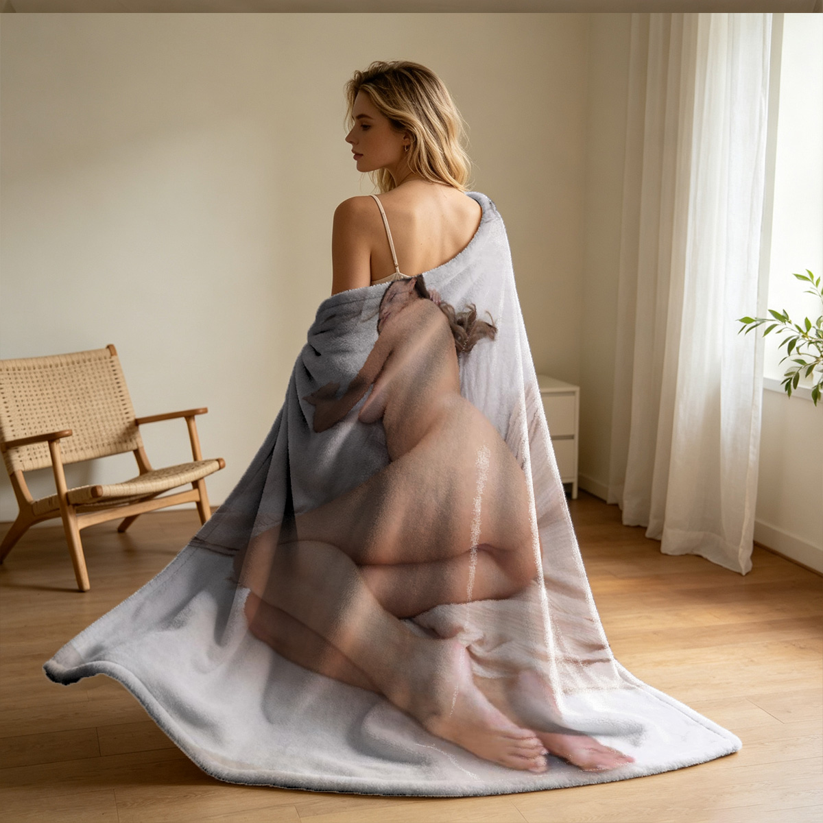 Nude Brunette Posing Seductively in Brown Egg Chair with Legs Up Against Wooden Shutters - Blanket