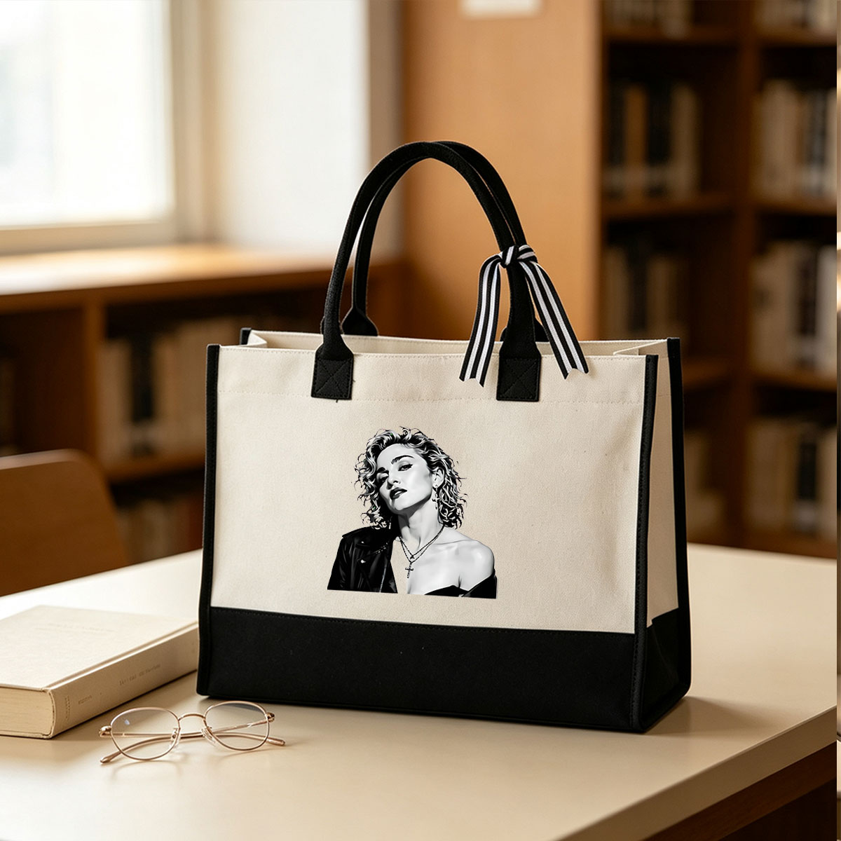 Madonna in Black Leather with Cross Necklace and Earrings - Canvas patchwork gift tote bag