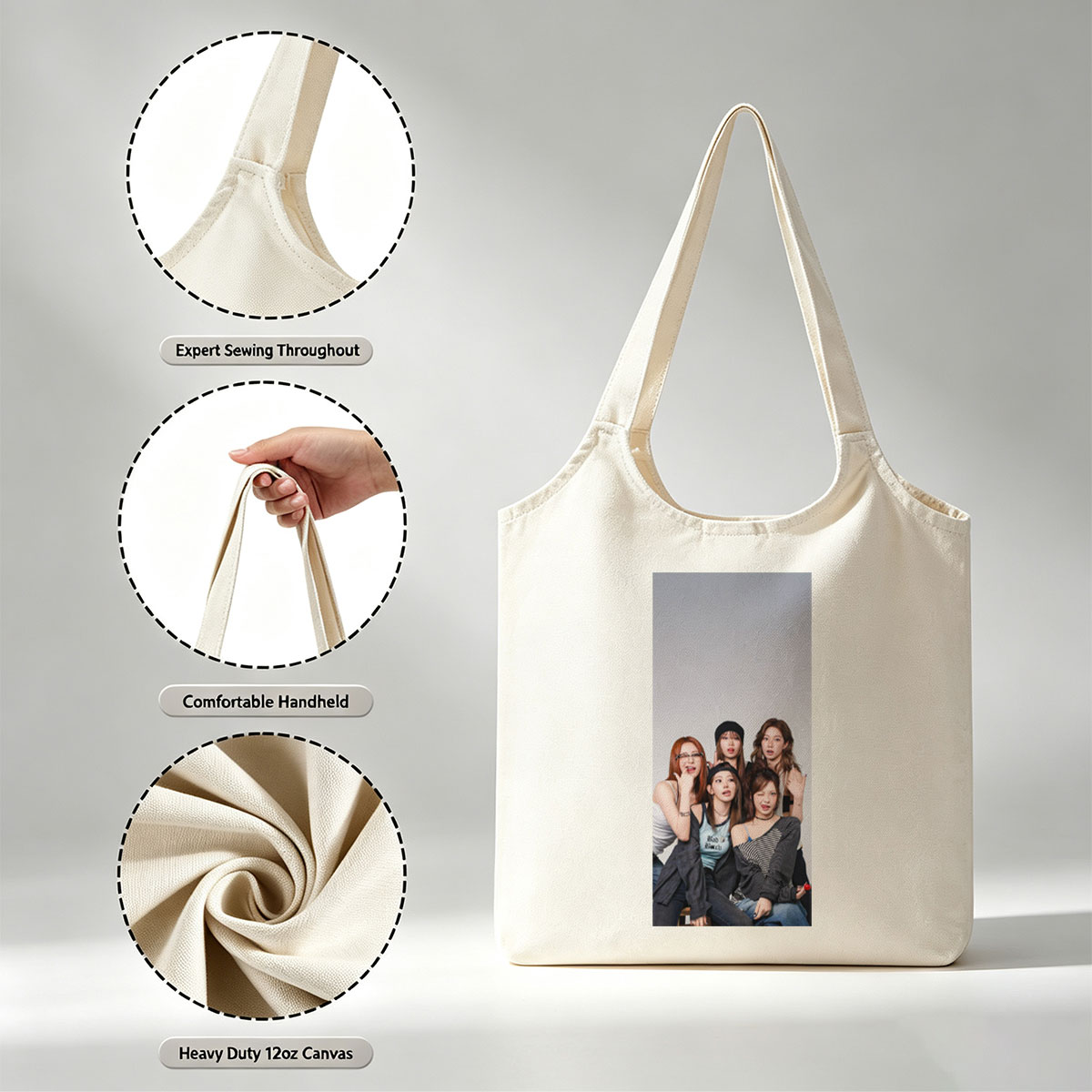 NewJeans Group Photo - Five Members Posing Together in Casual Outfits Against a Neutral Background - Canvas shoulder bags/