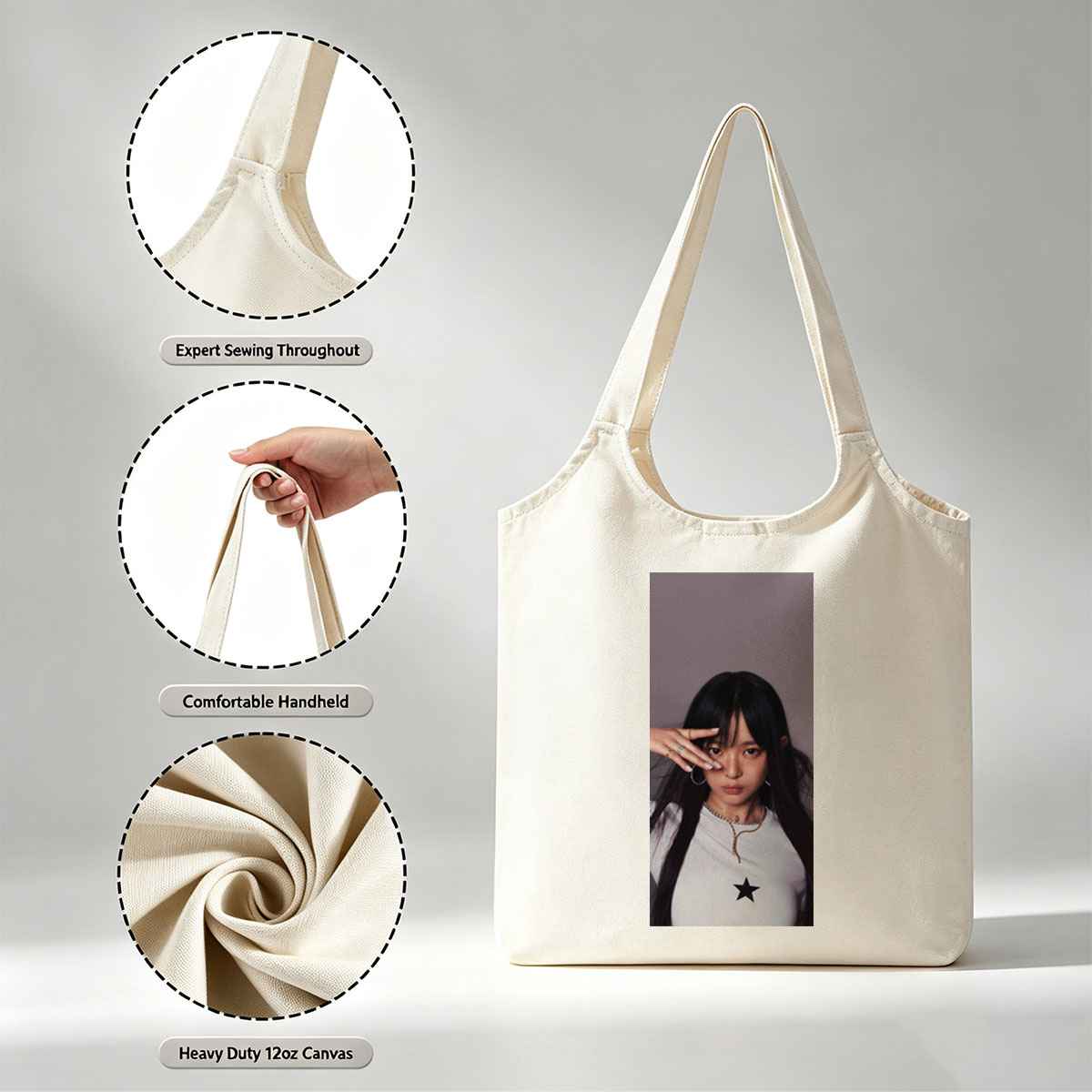 Hanni of NewJeans in a Stylish Pose with Star-Printed White Top and Elegant Jewelry - Canvas shoulder bags/