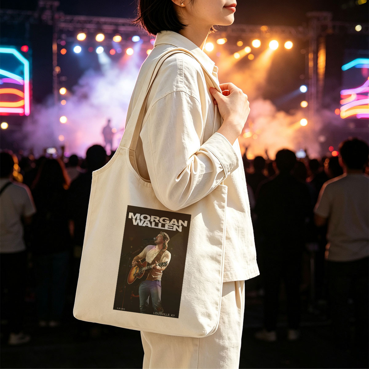 Morgan Wallen Live Performance Playing Guitar on Stage in Louisville, KY - Canvas shoulder bags/