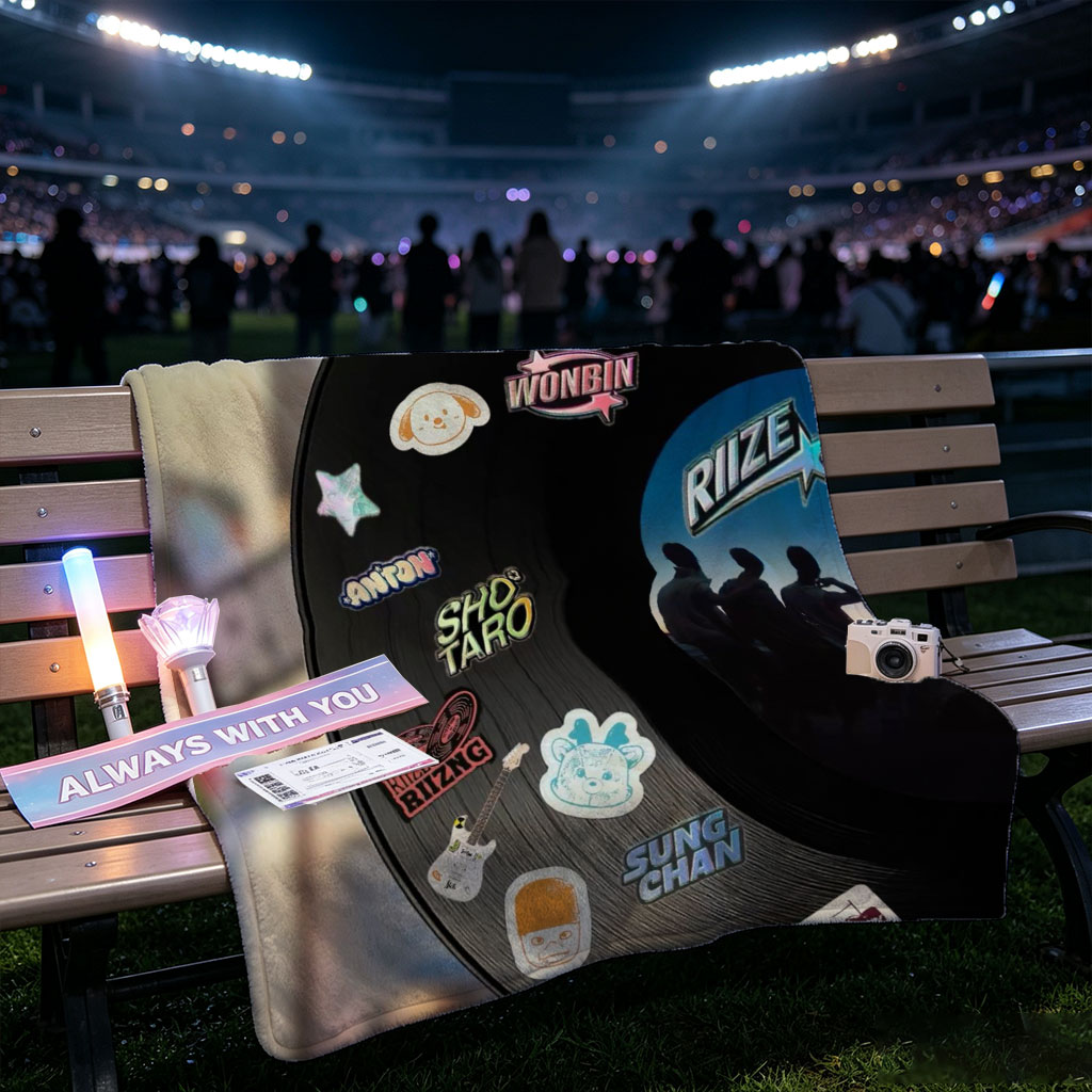 RIIZE Vinyl Record with Member Stickers and Band Logo Displayed in Store Window - Blankets