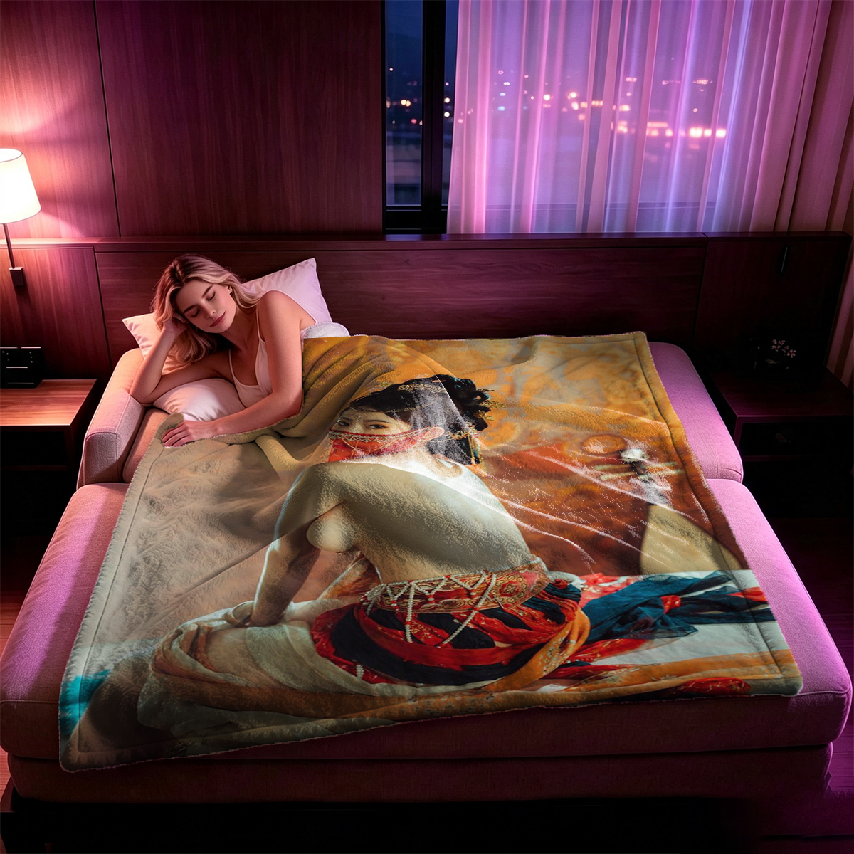 Nude Woman Posing in Artist Studio with Eiffel Tower Painting - Blanket