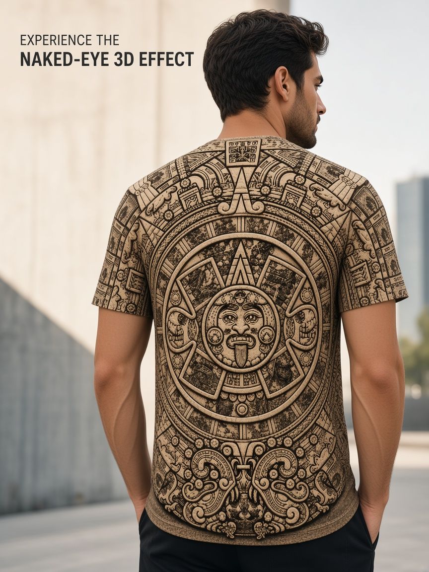 Aztec Sun Stone 3D Optical Illusion Graphic Tee, Breathable Athletic Mesh T-Shirt for Casual and Sports Wear
