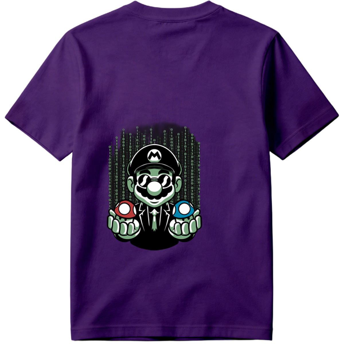 Mario in Matrix Code with Red and Blue Mushrooms - Tee