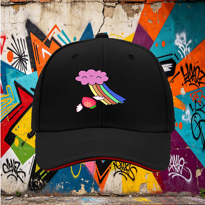 Unisex Classic Sandwich Hat with Strawberry Wings and Rainbow Cloud Print | Perfect for Casual Outings, Festivals, and Everyday Wear | Ideal for Teens and Adults Seeking Fun, Colorful Headwear