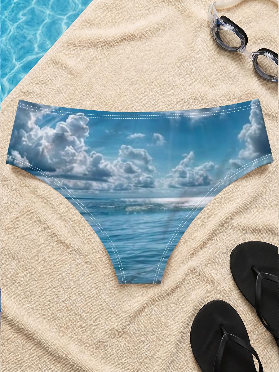 Sunlit Beach with Crystal Clear Waters and Fluffy Clouds -  Men's swim trunks