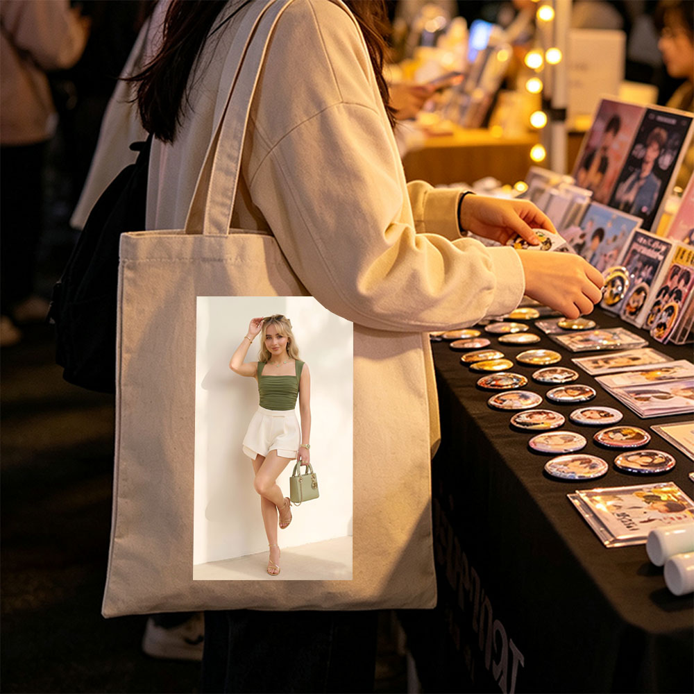 Sabrina Carpenter in a stylish summer outfit featuring a green ruched top and white shorts, accessorized with a matching handbag and gold heels. - Canvas tote bags