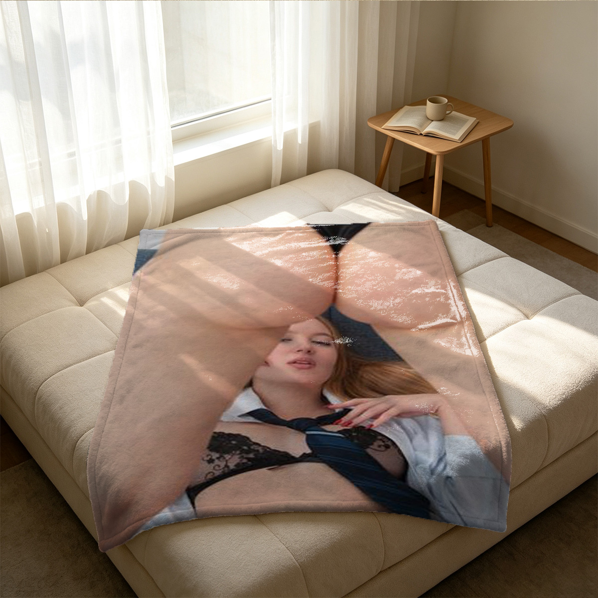 Topless Japanese Model in Unbuttoned Jeans Outdoor Portrait - Blanket