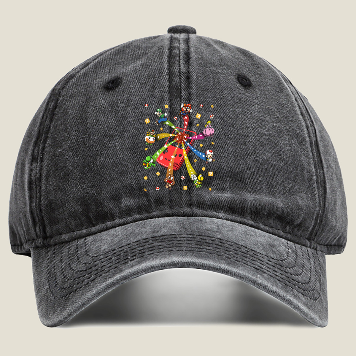 Super Mario Characters Bursting from a Game Console - Washed Denim - Baseball Cap