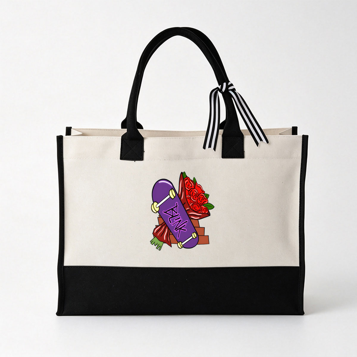 Pink Panther Skateboard with Red Roses Bouquet - Canvas patchwork gift tote bag