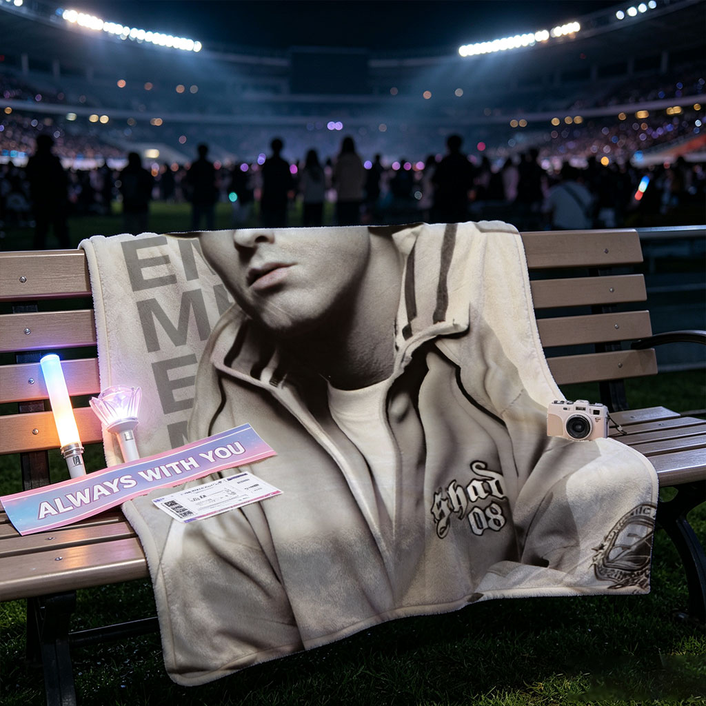 Eminem in a Casual Pose Wearing a Cap and Track Jacket with Tattooed Arms - Blankets
