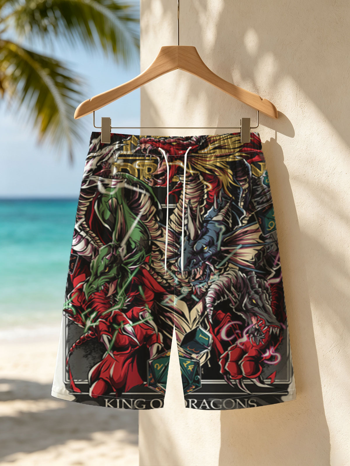 King of Dragons: Mythic Beasts and D20 Dice Fusion Art -  Beach shorts