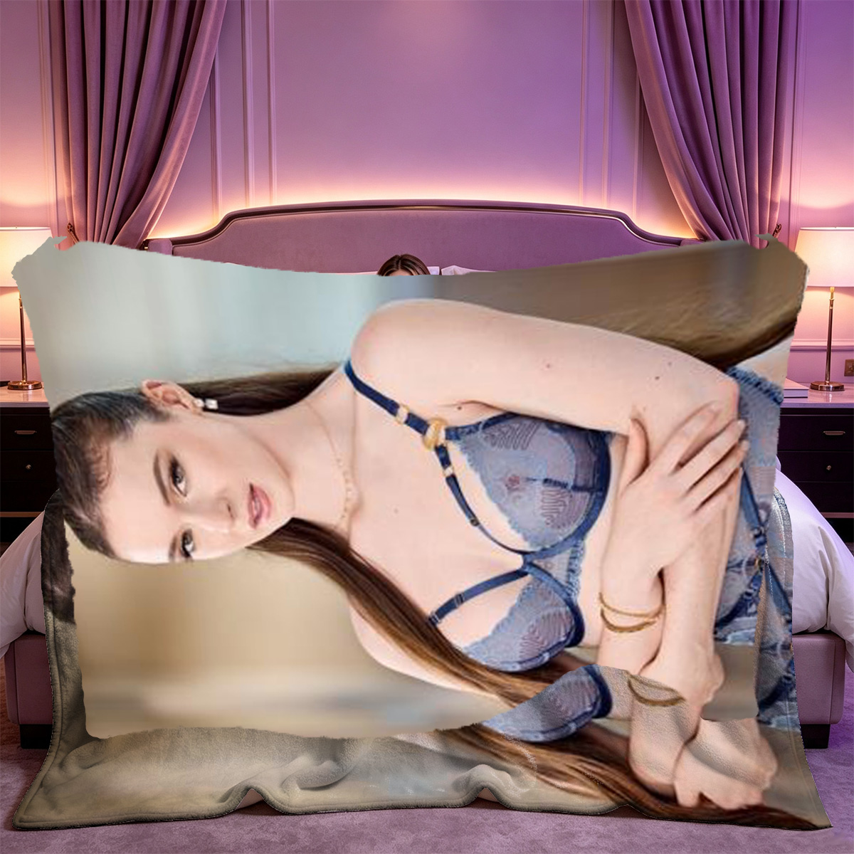 Blonde woman in white lace lingerie sitting on blue armchair. - Blanket