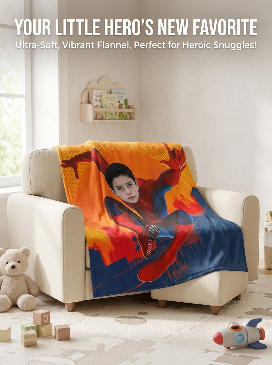 Custom Face Superhero Flannel Fleece Blanket Personalized Photo Plush Throw for Kids and Adults Cozy Gift Idea