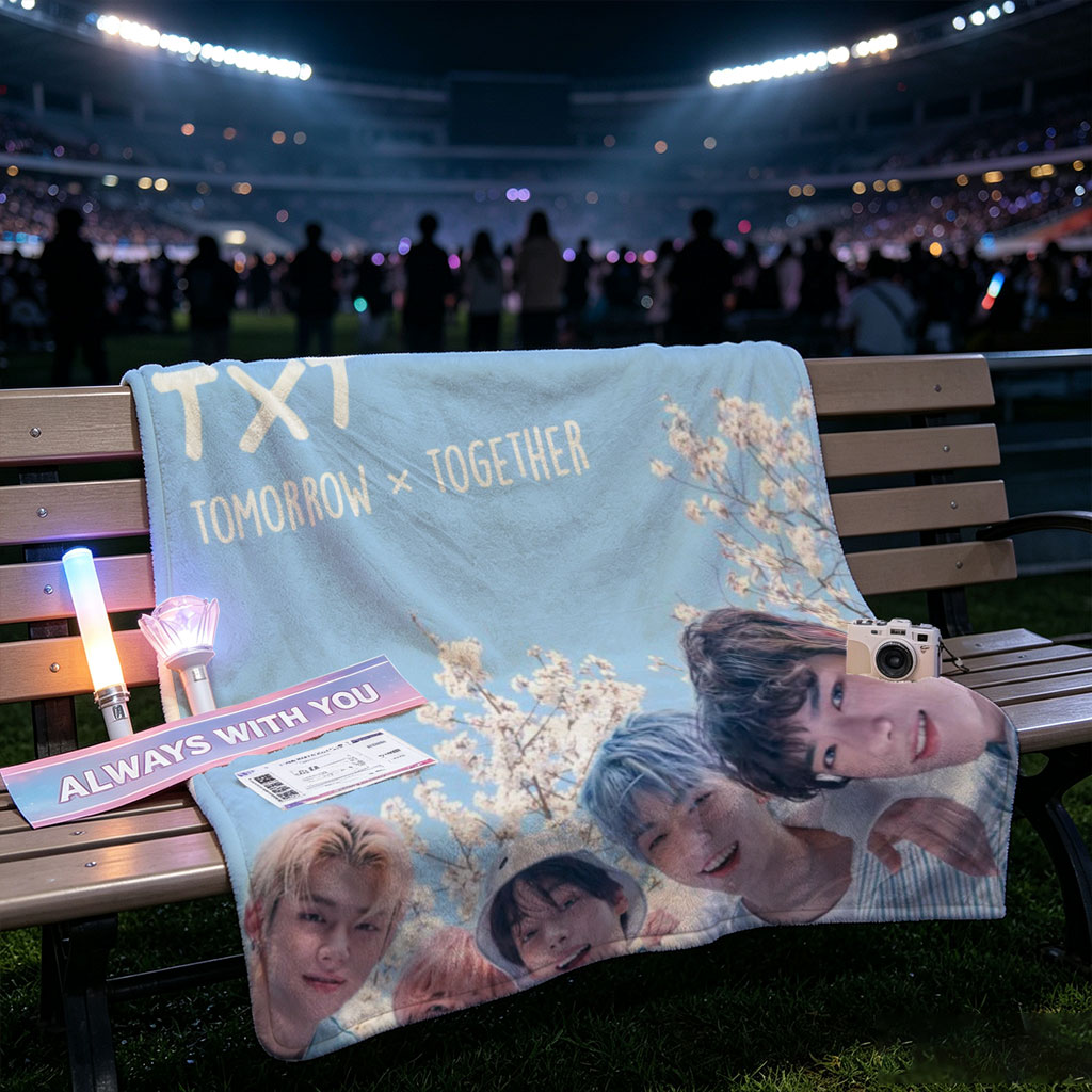 TXT Tomorrow x Together Members in a Spring Cherry Blossom Scene Under a Clear Blue Sky - Blankets