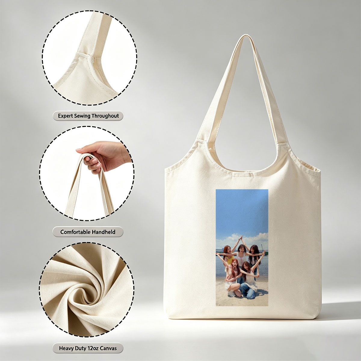 NewJeans at the Beach - Five Members Posing in a Star Shape Under Blue Sky - Canvas shoulder bags/