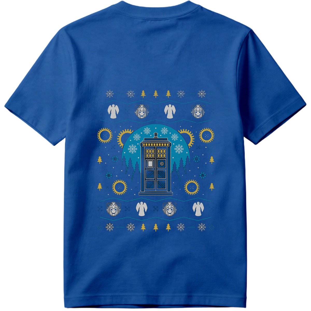 Doctor Who Christmas Sweater Design Featuring TARDIS, Weeping Angels, and Cybermen - Tee
