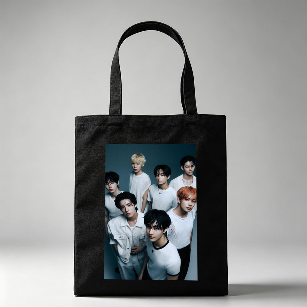 ENHYPEN Group Photo - Seven Members in White Outfits Posed Against Dark Background - Canvas tote bags