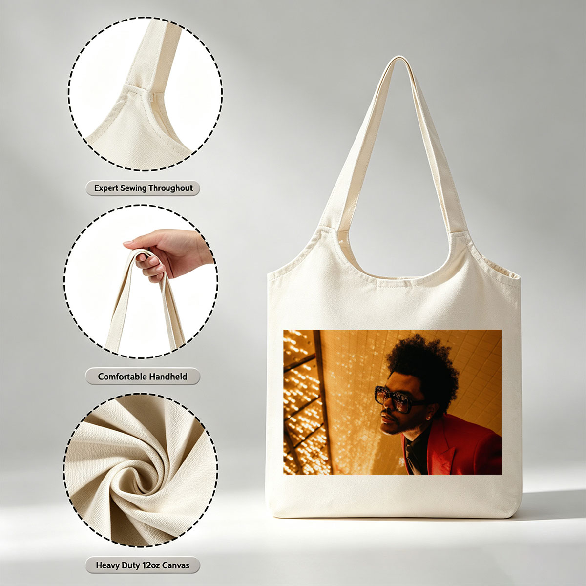 The Weeknd in a Red Suit and Sunglasses Against a Golden Lighted Background - Canvas shoulder bags/