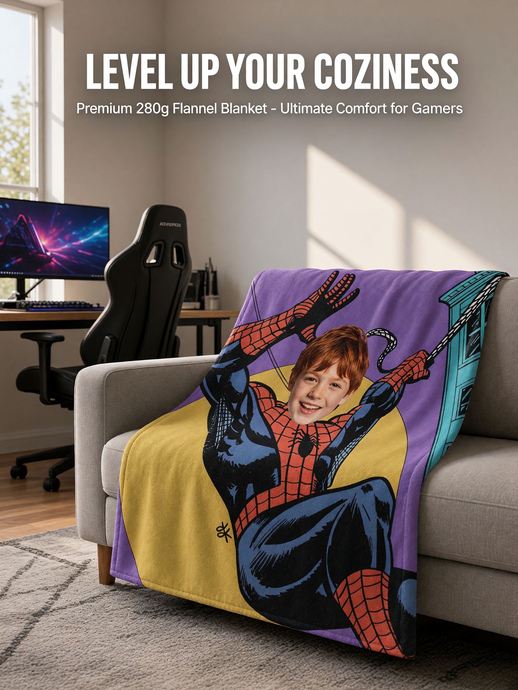 Personalized Face Superhero Flannel Fleece Throw Blanket Custom Photo Comic Character Keepsake Cozy Bed Couch Wrap