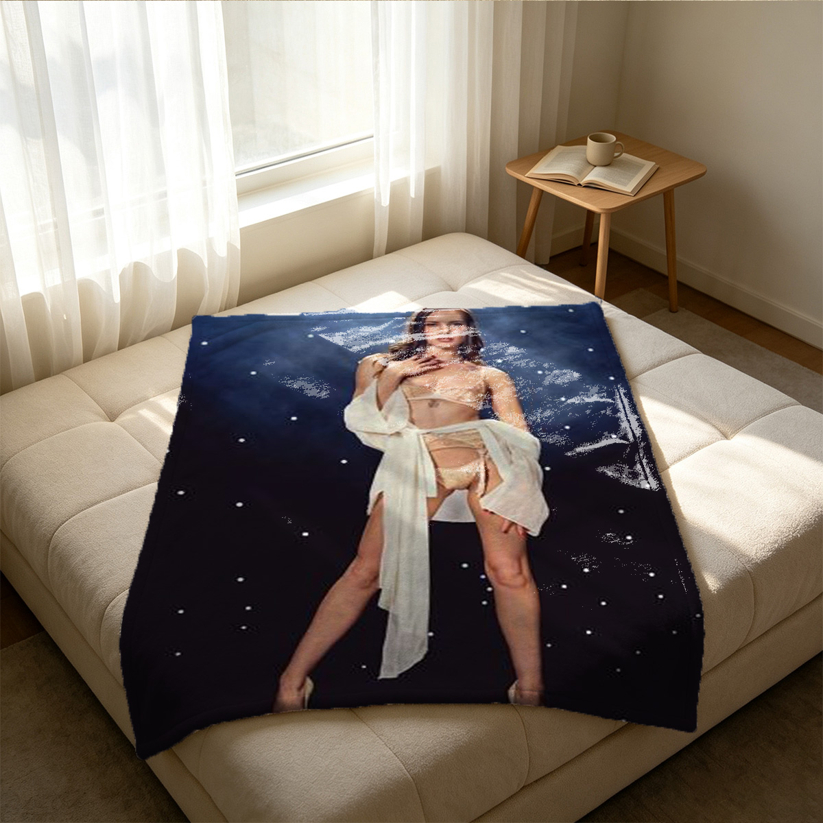Japanese AV Idol in White Lace Teddy on Bathroom Counter - Blanket