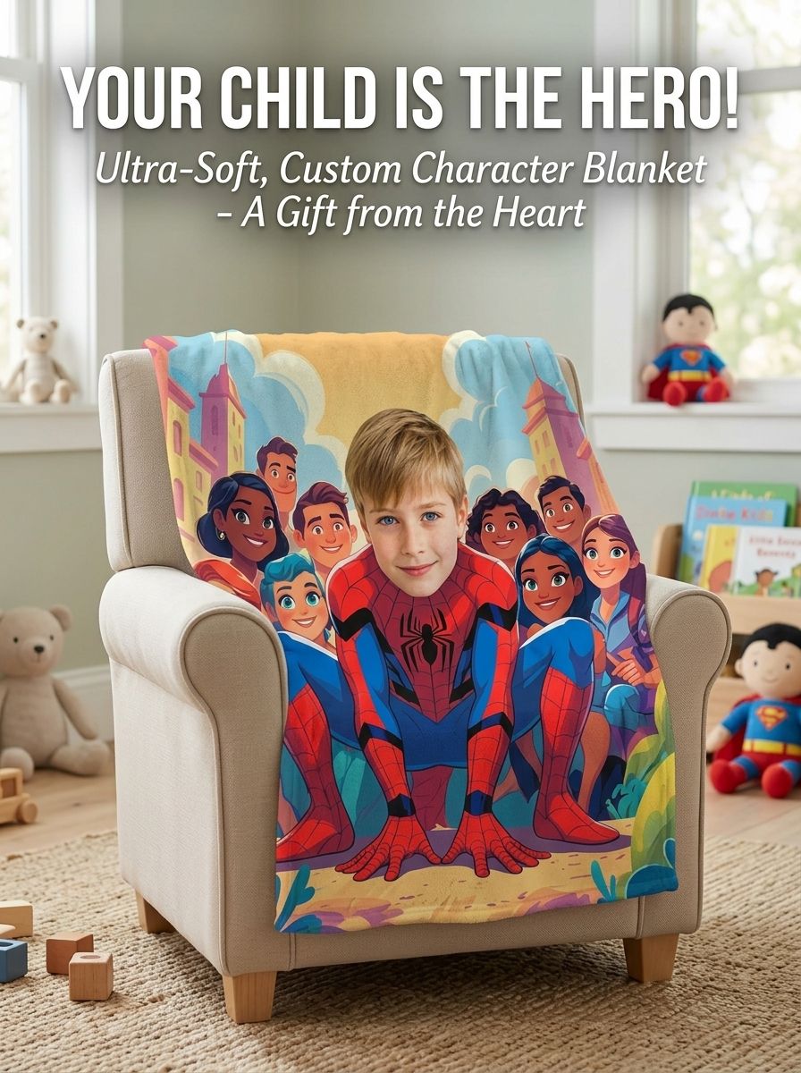 Custom Photo Superhero Flannel Fleece Blanket Personalized Face Portrait Throw for Kids Bed Couch Travel Gift