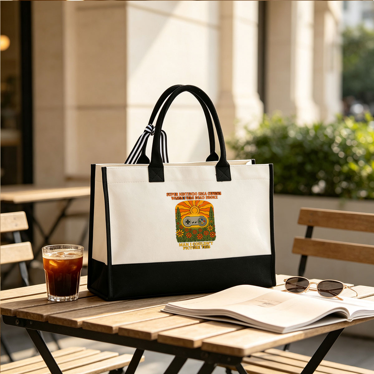 Super Nintendo Sega Genesis Controller in a Sunset Field with Flowers - Canvas patchwork gift tote bag
