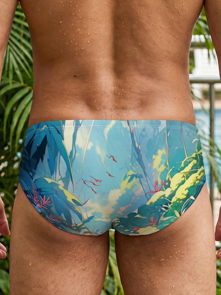 Lush Jungle Stream with Vibrant Flowers and Dappled Light -  Men's swim trunks