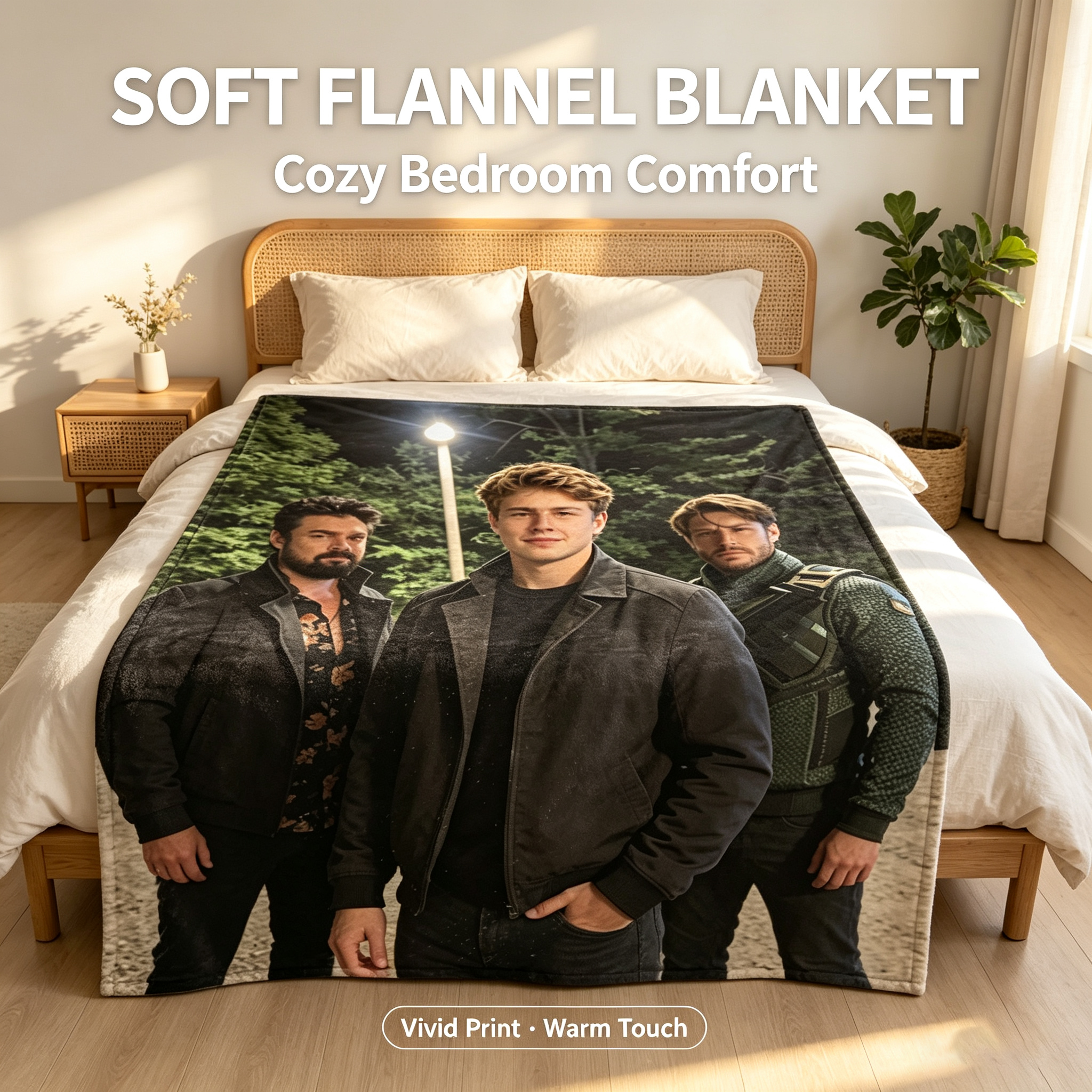 Custom Face Blanket Featuring Three Men in Stylish Outfits Standing Outdoors at Night Flannel Blanket Perfect for Cozy Nights and Unique Gift/Giveaway
