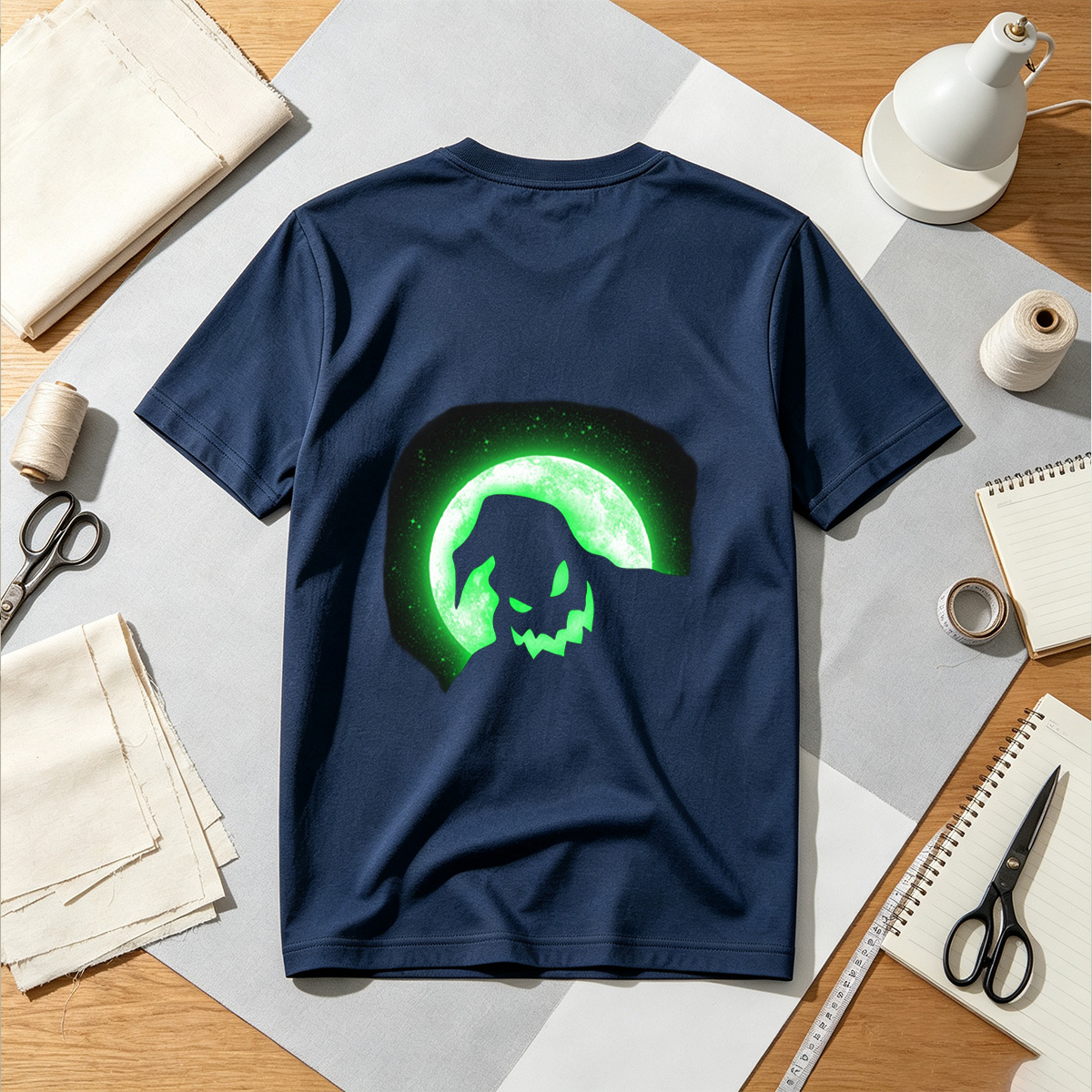 Pumpkin Head Silhouette Against Green Moon - Tee