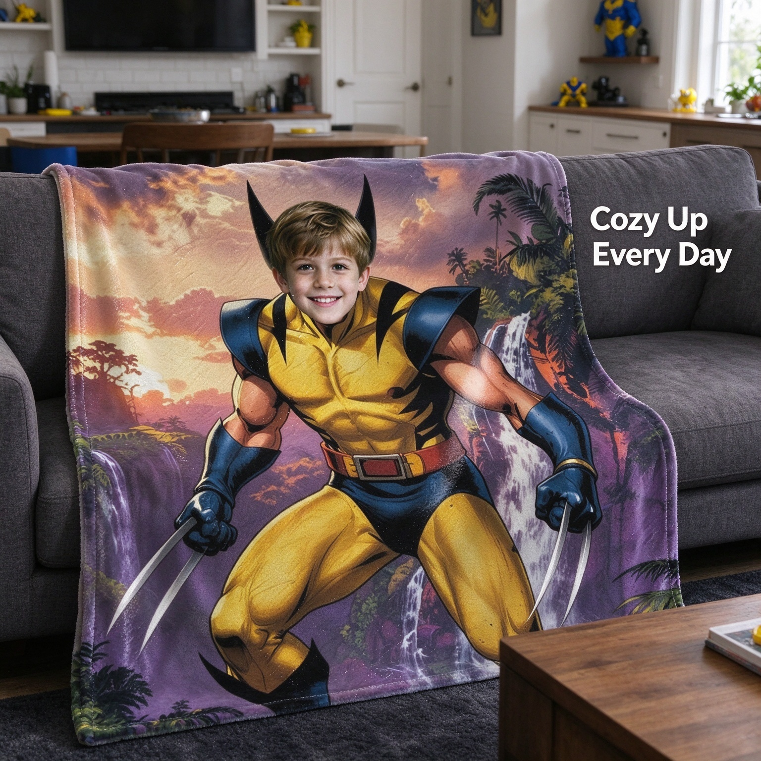 Custom Photo Superhero Flannel Blanket Personalized Face Comic Art Throw for Couch Bed, Cozy Gift