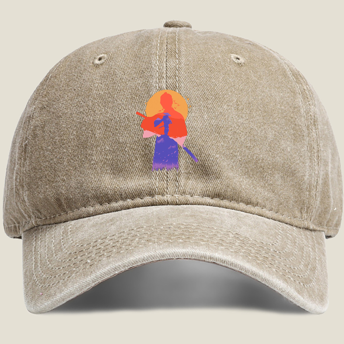 Samurai Silhouette at Sunset - Washed Denim - Baseball Cap