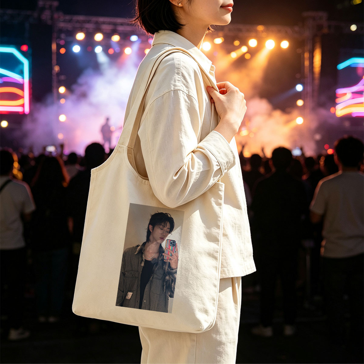 The Boyz Member in Mirror Selfie Wearing Striped Jacket and Glasses with Rainbow Phone Case - Canvas shoulder bags/