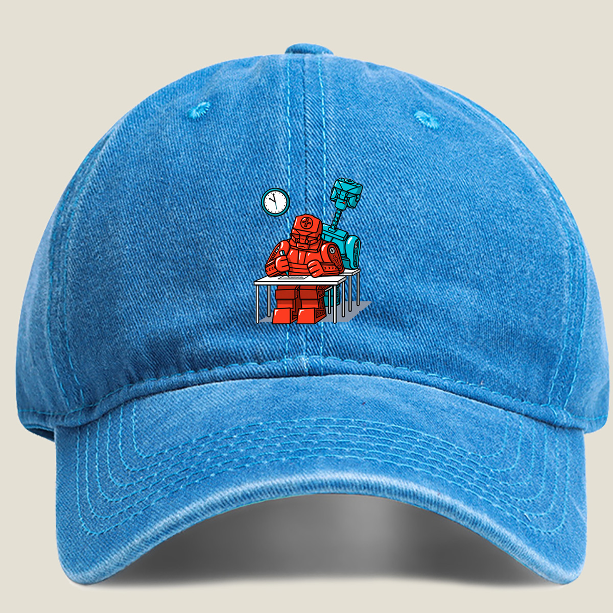 Red Robot Student at Desk with Blue Robot Friend - Washed Denim - Baseball Cap