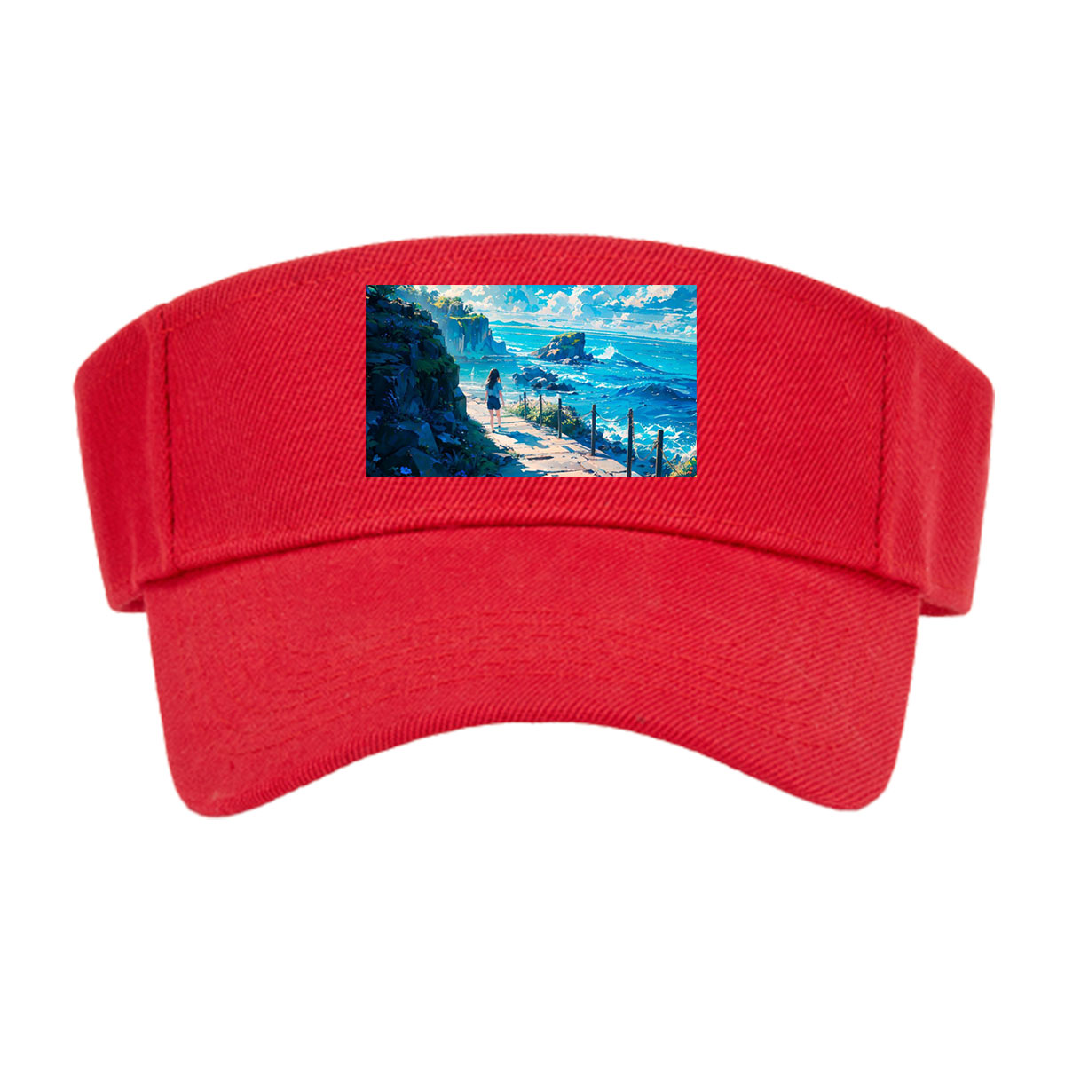 Girl walking on coastal path overlooking turquoise sea and rocky cliffs under bright blue sky -  Visor cap