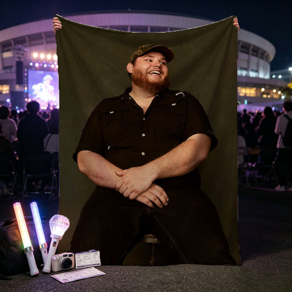 Luke Combs Sitting on a Stool Laughing in a Black Shirt and Cap - Blankets